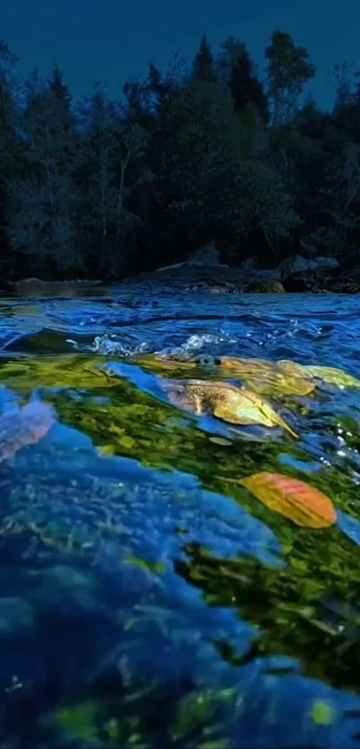 Scenic view of a river with lush foliage and vibrant colors under a clear blue sky.