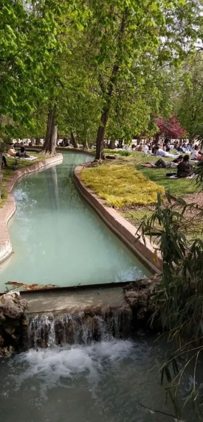 Serene park river with lush green trees and gentle flowing water.