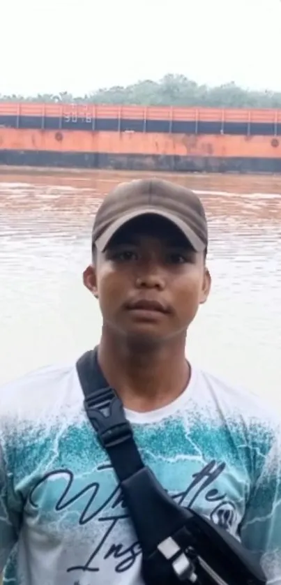 Man standing by a tranquil riverside, wearing a cap and casual attire.