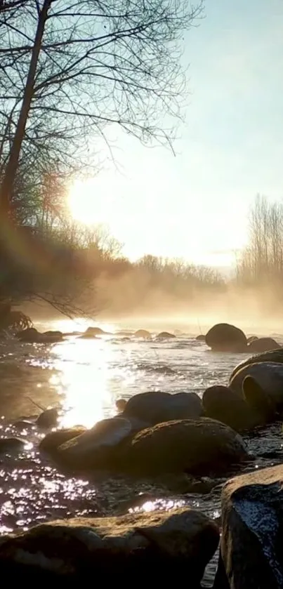 Scenic view of a river at sunrise with mist and trees.