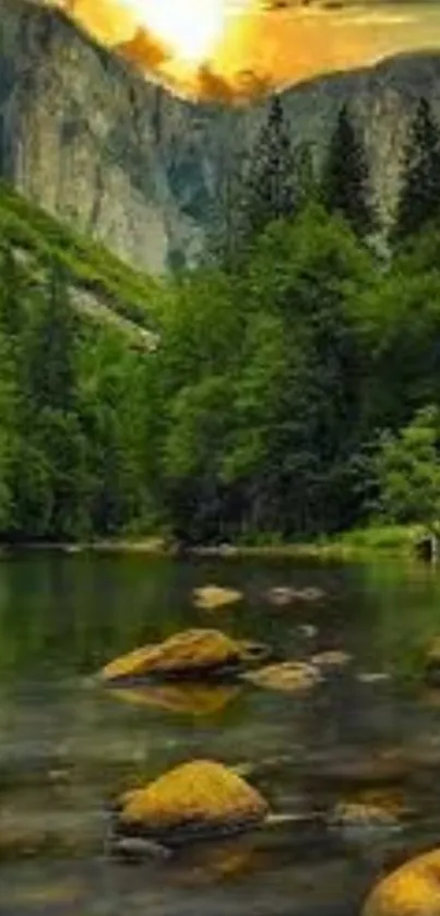 Tranquil river with sunset and lush greenery in mountain landscape.