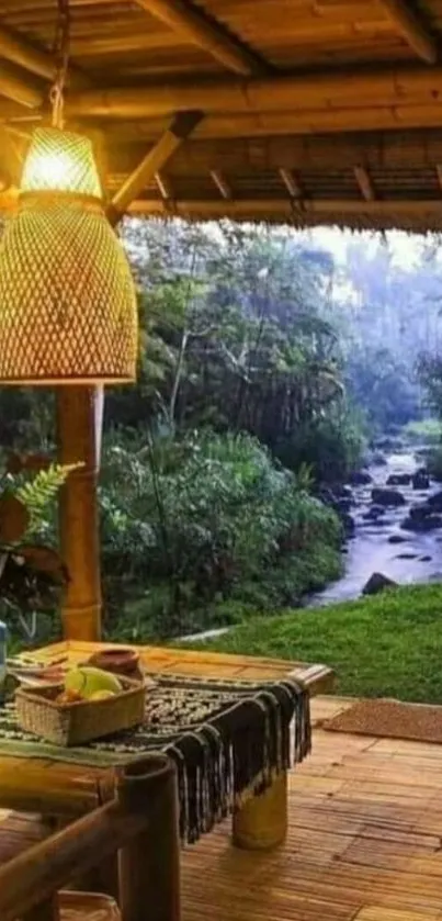 Bamboo covered deck overlooking tranquil river.