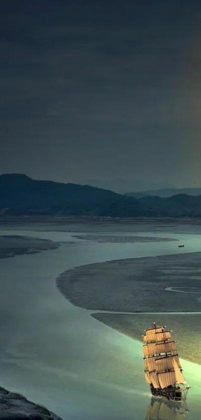 Sailboat on a serene river at dusk with mountain backdrop.