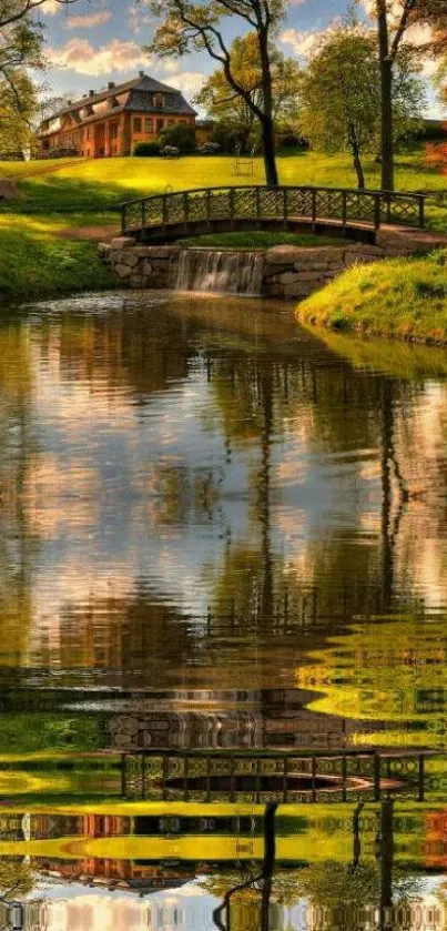 Scenic river reflection with a bridge and country house in autumn hues.