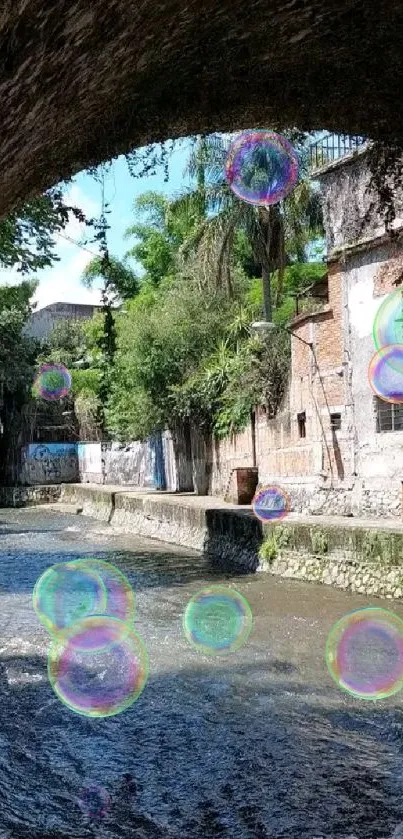 Tranquil river scene under a stone archway with lush greenery.