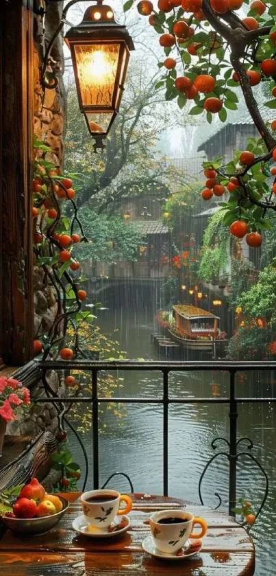 Cozy balcony view with orange trees and a rainy scene.