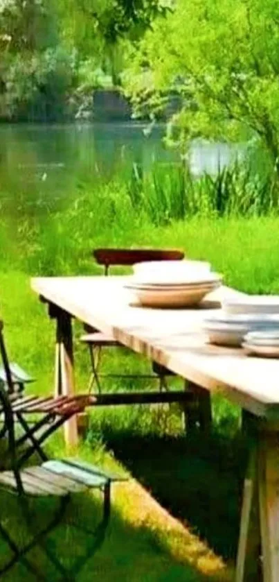 A scenic riverside dining table surrounded by lush greenery.