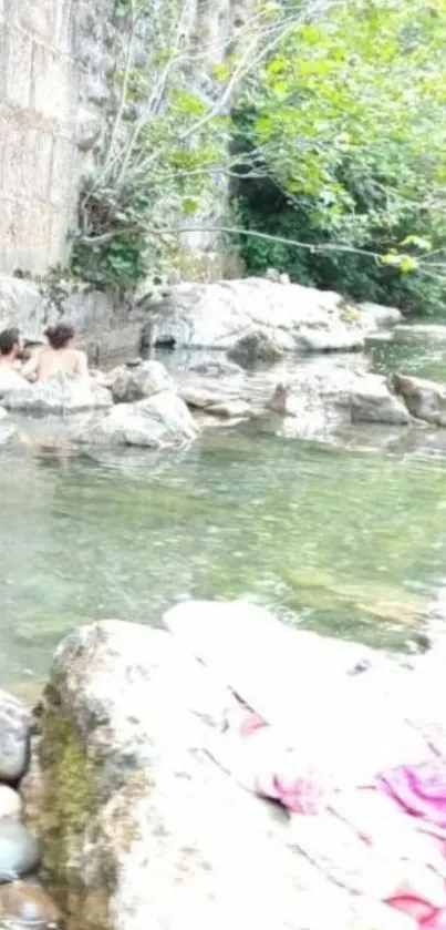 Serene riverside with rocks and greenery.