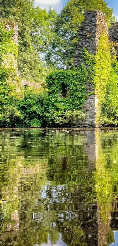 Ancient ruins reflected in a serene, greenery-surrounded lake.