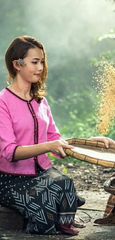 Woman in traditional attire amidst nature.