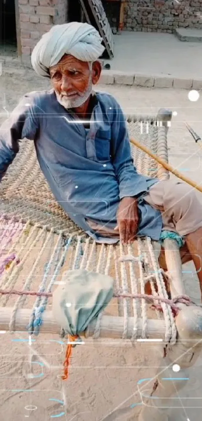 Elderly man relaxing on charpai in rustic setting.