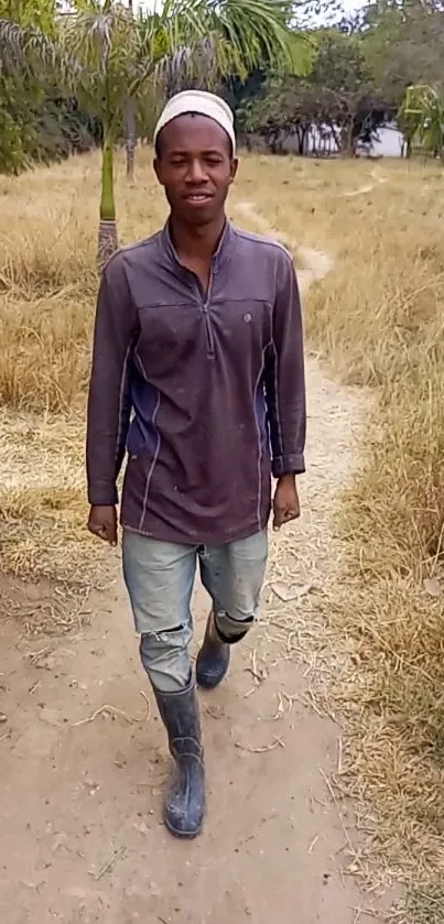 Person walking on a country path, amidst dry grass and rustic scenery.