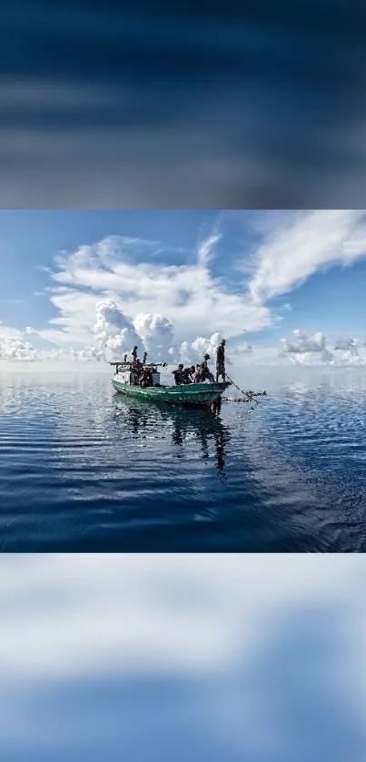 Serene wallpaper of a boat on a tranquil, expansive blue sea with clouds overhead.