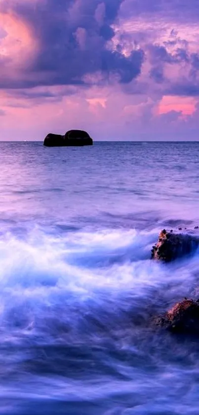 Serene purple seascape with dramatic clouds.