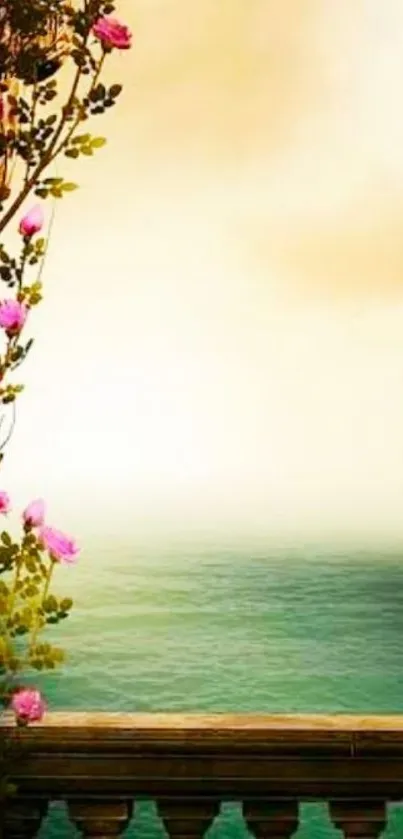 Seaside balcony with pink flowers and ocean view wallpaper.