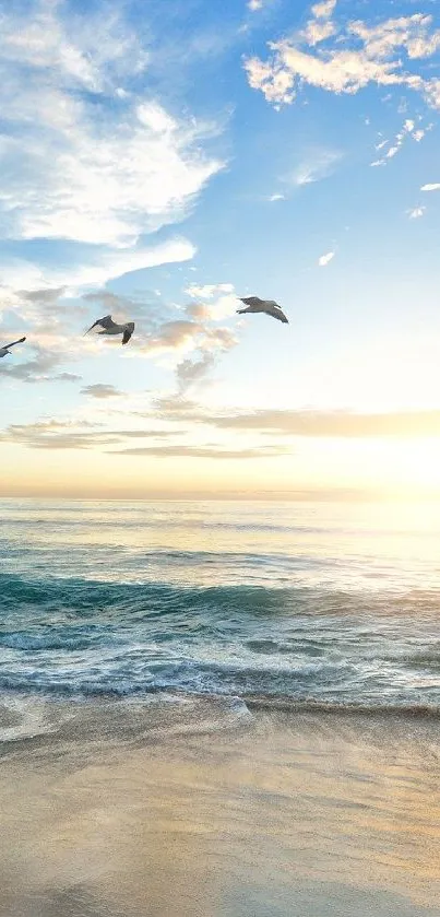 Tranquil sunset view over ocean waves with flying seagulls.