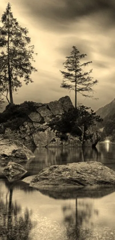 Sepia-toned lake with trees and mountains, creating a tranquil scene.