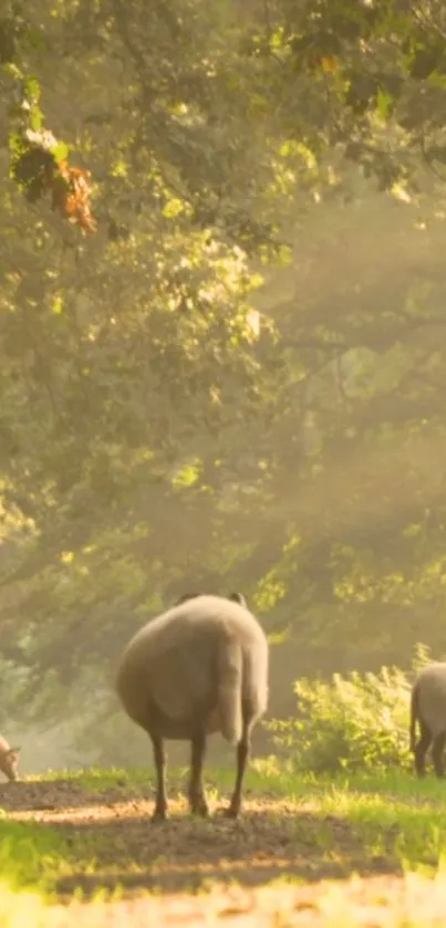 Sheep grazing peacefully in a sunlit forest landscape.