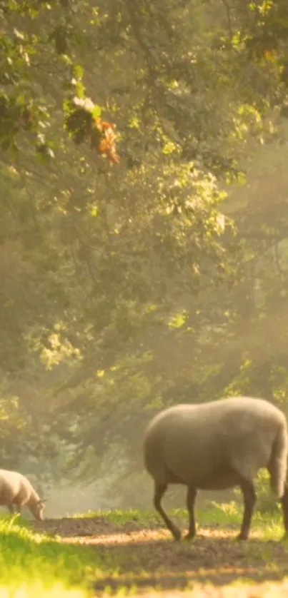 Sheep grazing on a sunlit forest path with serene golden light.