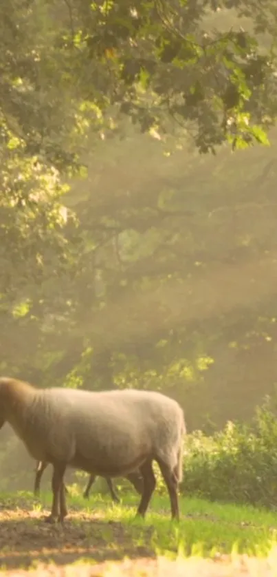 Serene sheep in lush morning light forest scene background.