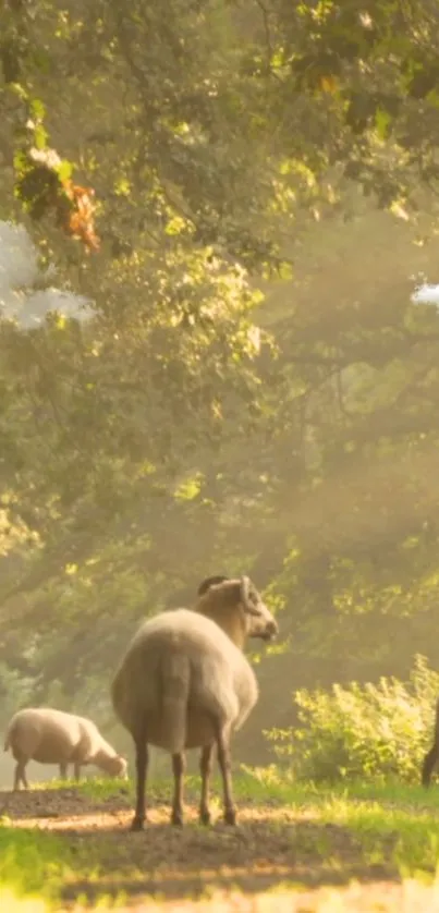 Sheep grazing in sunlit forest with fluffy clouds above.