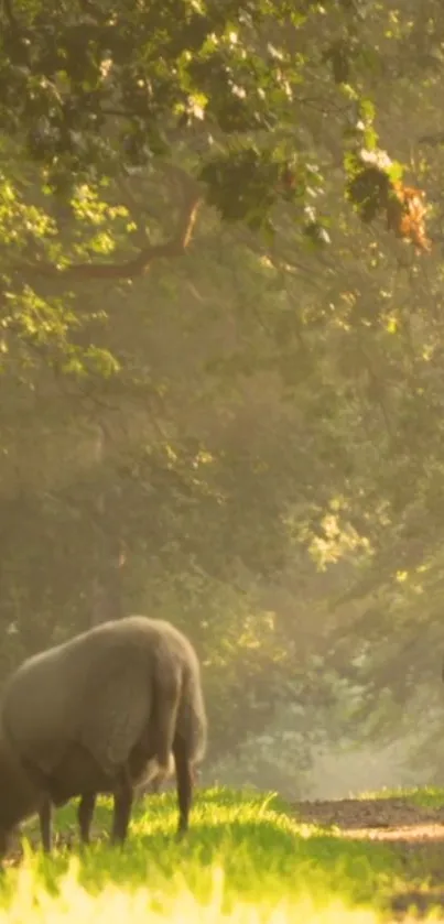 Sheep grazing peacefully in a sunlit forest path.