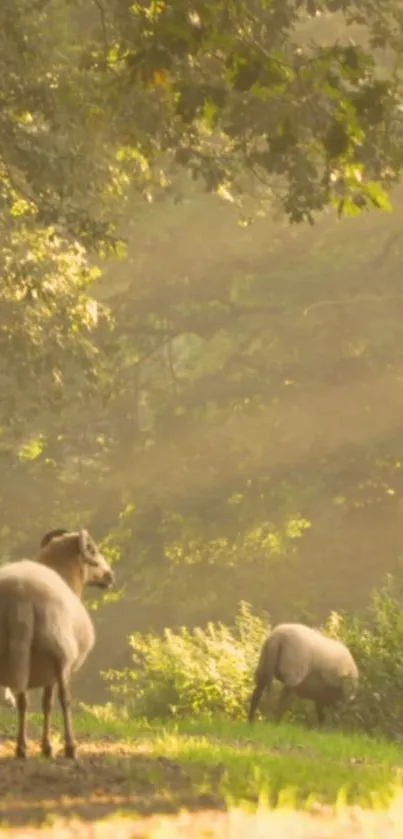 Sheep grazing peacefully in sunlit forest path.