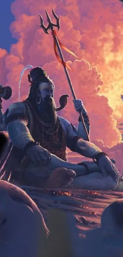 Lord Shiva meditating with a sunset sky background.