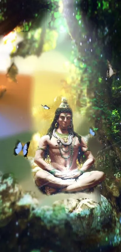 Shiva meditating in forest with butterflies.