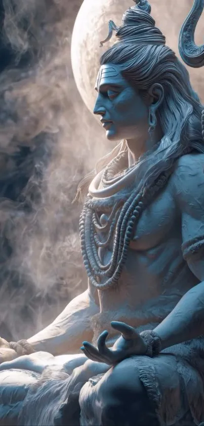 Statue of Lord Shiva meditating under a full moon.