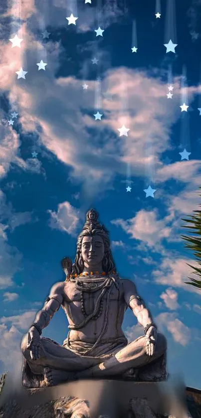 Majestic Shiva statue under a dreamy star-filled night sky with clouds.