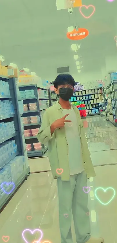 Man in a calm shopping aisle setting, surrounded by organized shelves.