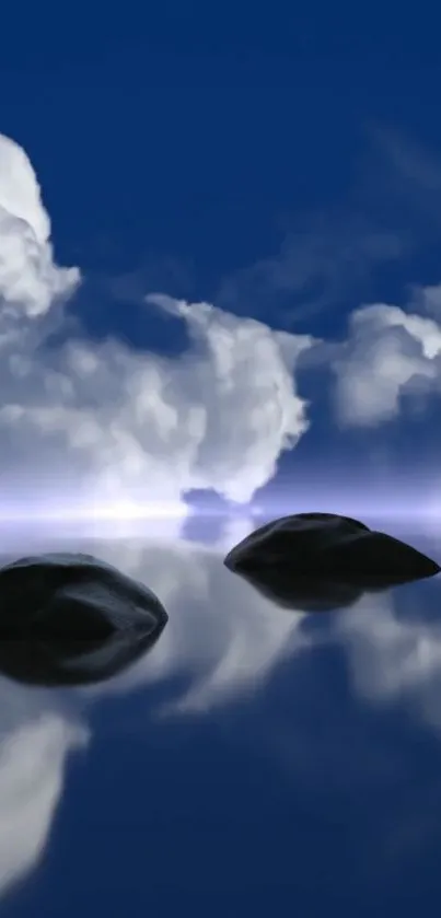 Serene landscape with stones and cloudy sky reflected in calm water.