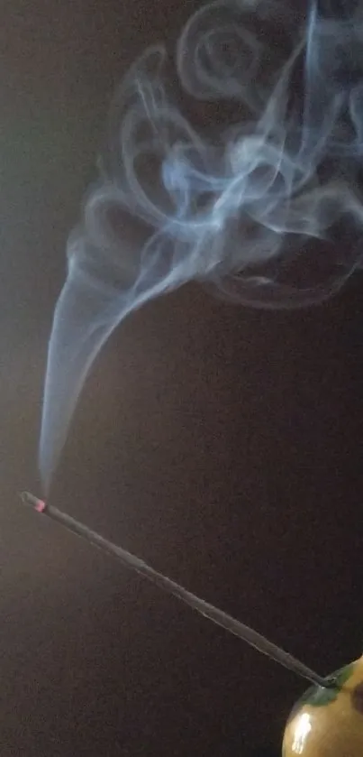 Incense stick releasing a calm trail of smoke against a dark background.