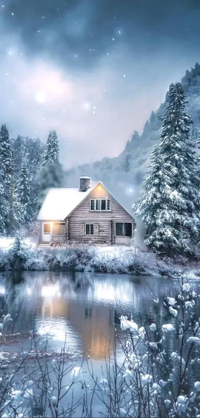 Serene snowy cabin reflected in a tranquil winter landscape.