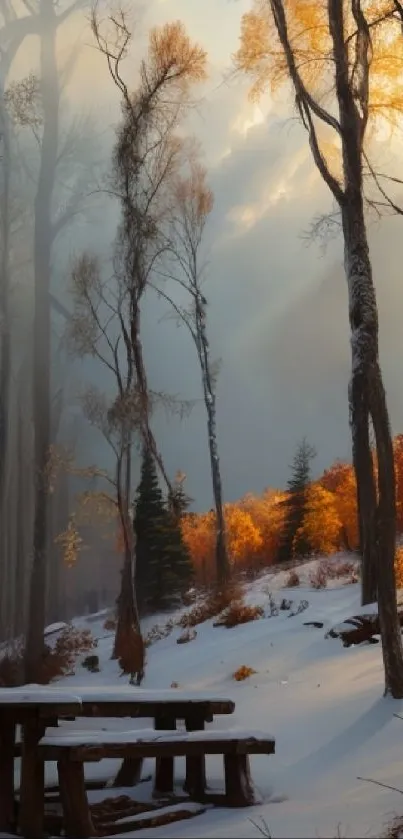 Snowy forest scene lit by sunlight with bare trees.