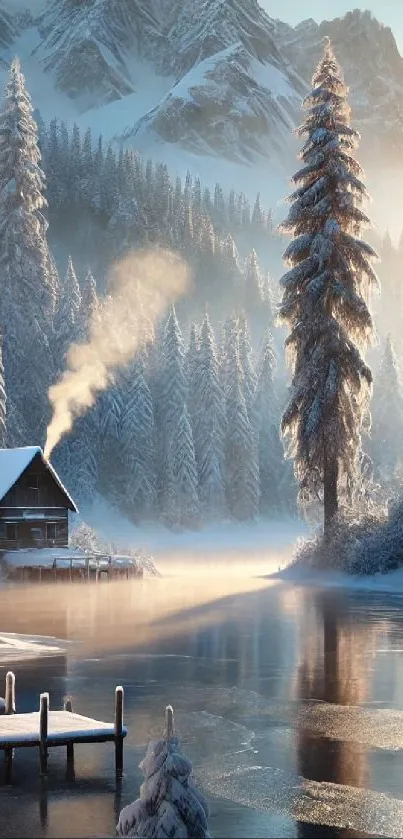 Snowy cabin by a serene lake with towering pine trees.