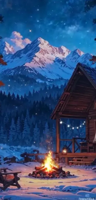 Snowy mountain cabin under a starry sky in winter.