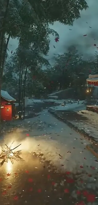 Tranquil snowy temple scene with bonfire.