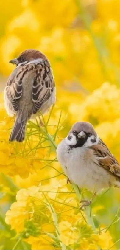 Two sparrows perched among vibrant yellow flowers.
