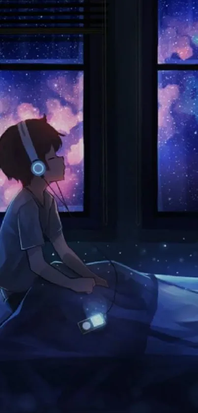 Child listens to music under a starry night sky, creating a calming ambiance.