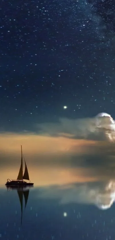 Sailboat on calm water under a starry night sky.