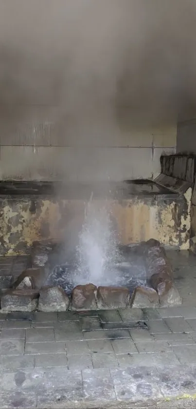 Serene steaming fountain amid stones in a tranquil, rustic setting.