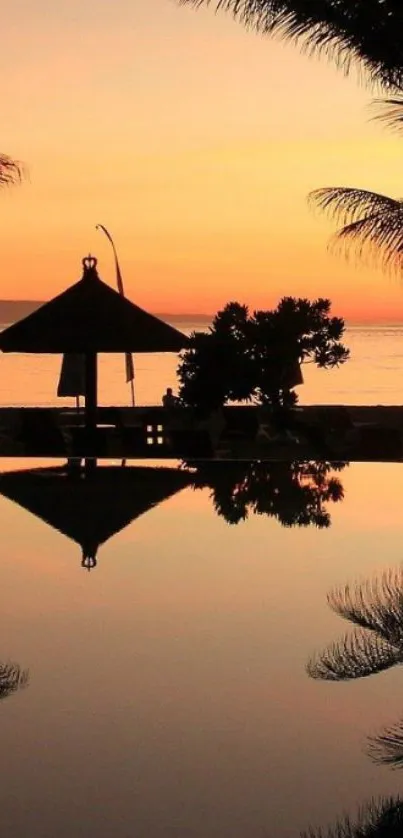 Tranquil sunset over a beach with palm tree silhouettes and reflections.