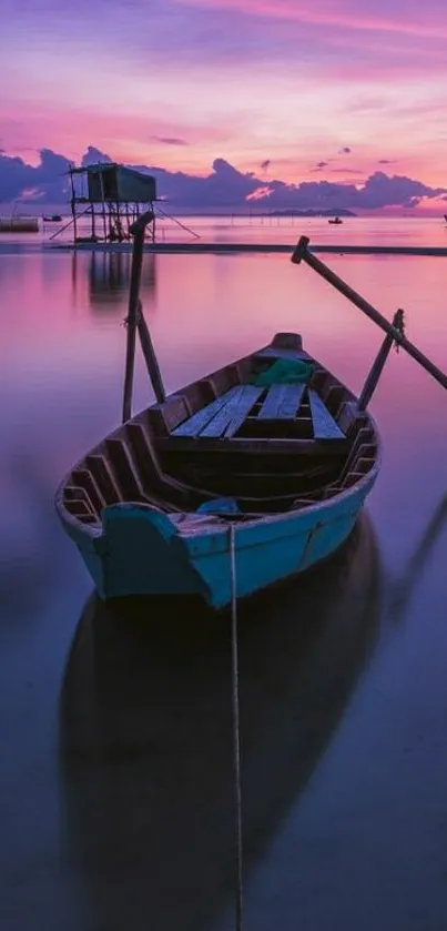 Lonely boat on calm water during a stunning purple sunset.