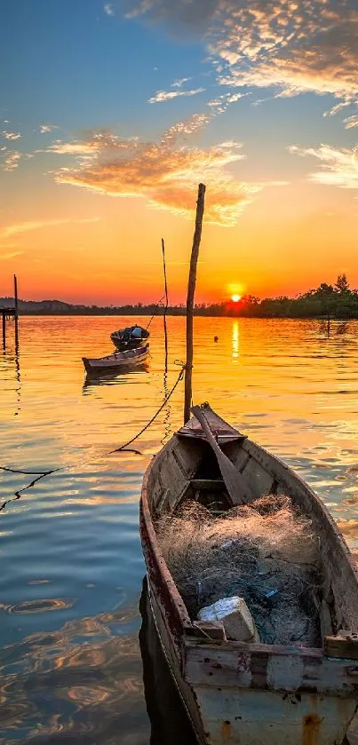 Tranquil boat on water at sunset with orange sky.