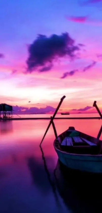 Tranquil boat on a sunset-lit purple lake.