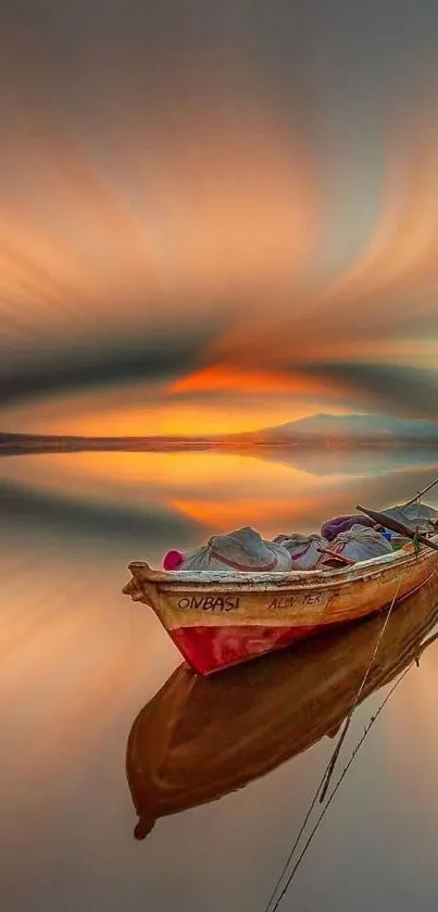 Boat on a tranquil lake at sunset with reflections and orange sky.