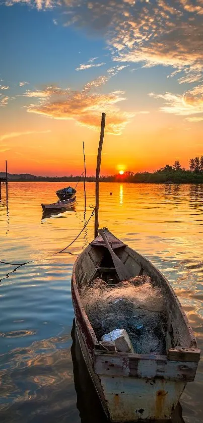 Serene sunset over a lake with a small boat and vibrant reflections.