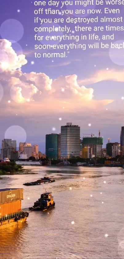 City skyline at sunset with river and motivational quote.